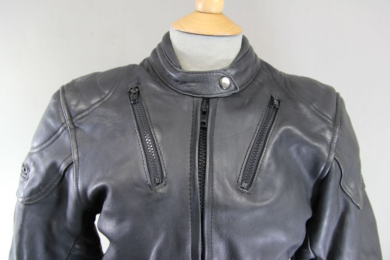 BRITISH DESIGNED RHINO BLACK COWHIDE LEATHER BIKER JACKET + PROTECTORS: SIZE 14