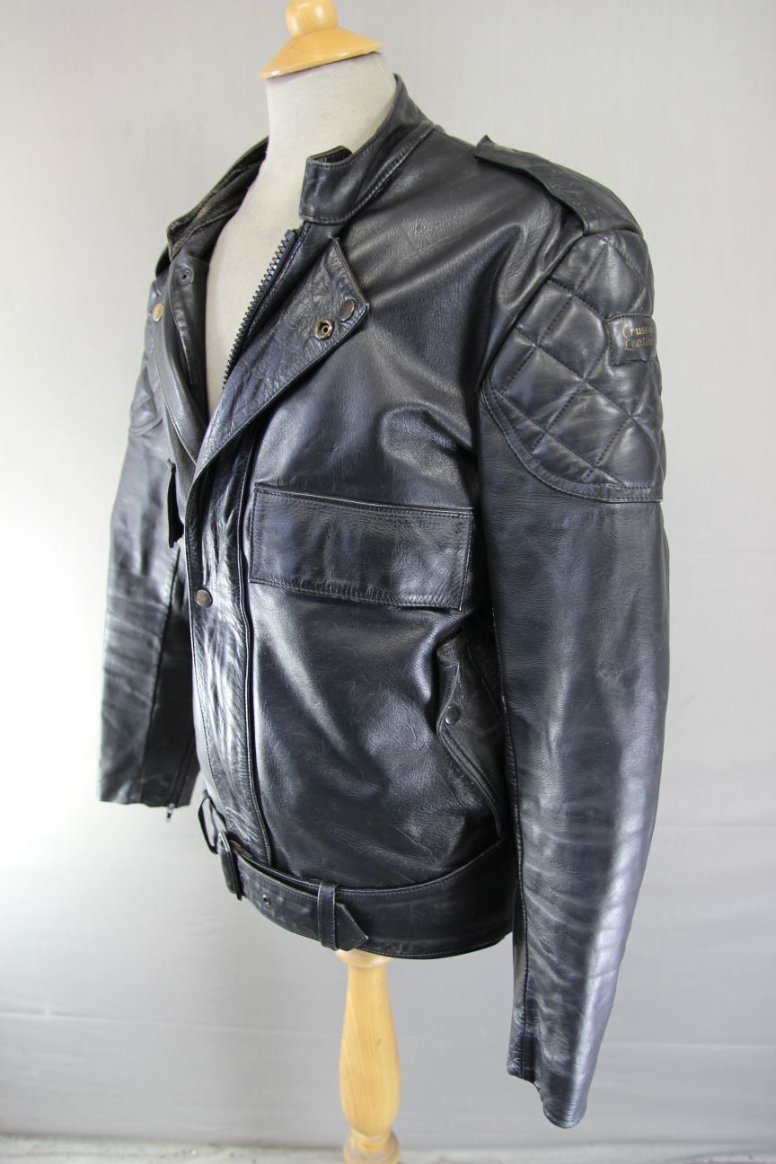 VINTAGE 80's CRUSADER BY MIKE LEWIS BRITISH MADE BLACK LEATHER BIKER JCKT 40-42"