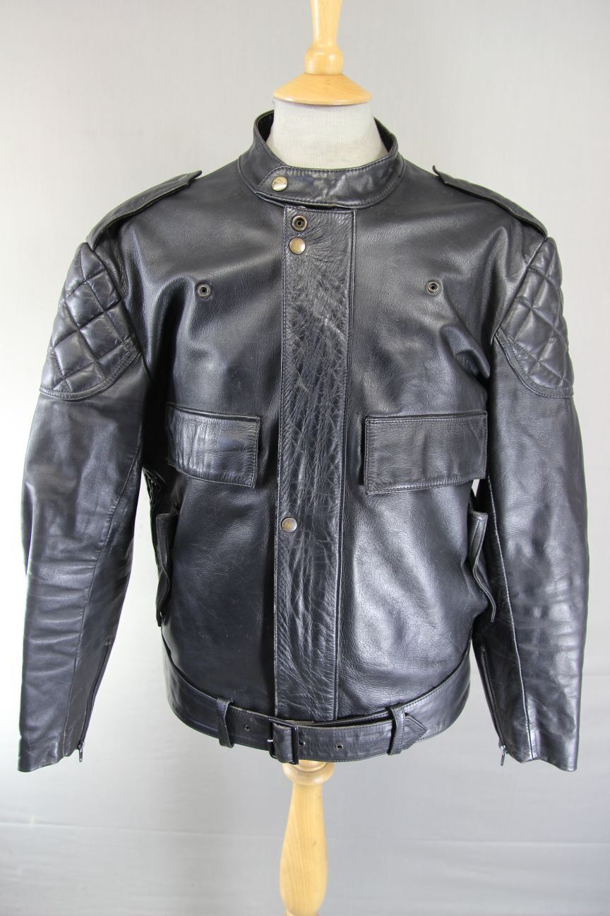VINTAGE 80's CRUSADER BY MIKE LEWIS BRITISH MADE BLACK LEATHER BIKER JCKT 40-42"