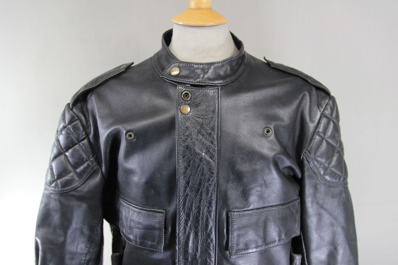 VINTAGE 80's CRUSADER BY MIKE LEWIS BRITISH MADE BLACK LEATHER BIKER JCKT 40-42"