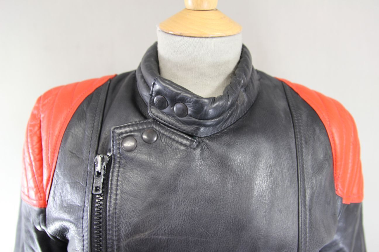 VINTAGE WADDINGTON CLASSIC BLACK & RED LEATHER BIKER JACKET 38-40 INCH CHEST