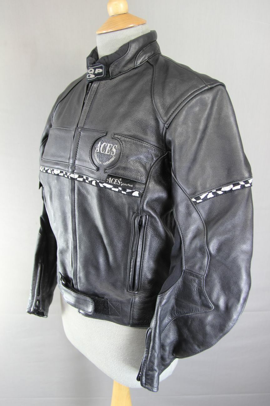 SUPERB MQP 'ACES OF THE TRACK' BLACK LEATHER BIKER JACKET 36 INCH/SIZE 12