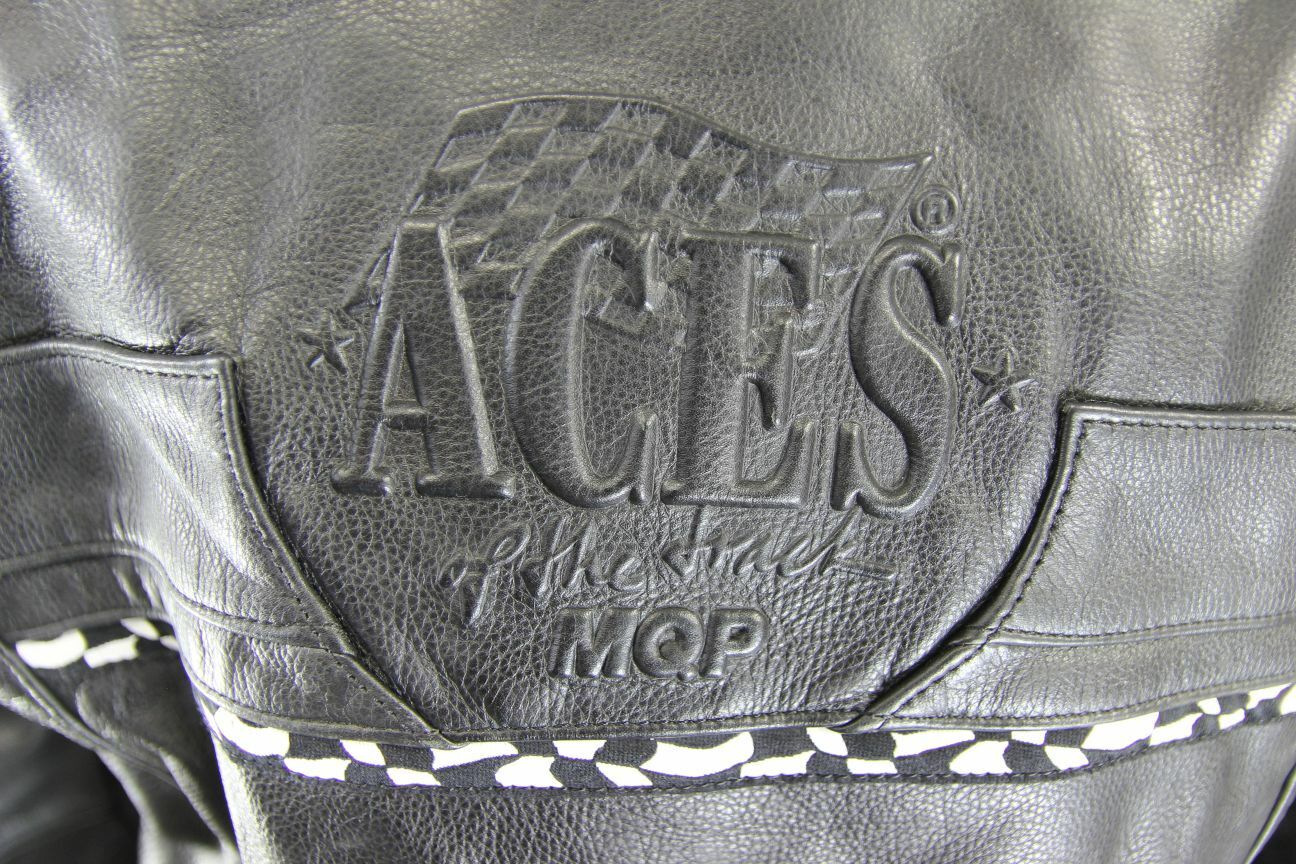 SUPERB MQP 'ACES OF THE TRACK' BLACK LEATHER BIKER JACKET 36 INCH/SIZE 12