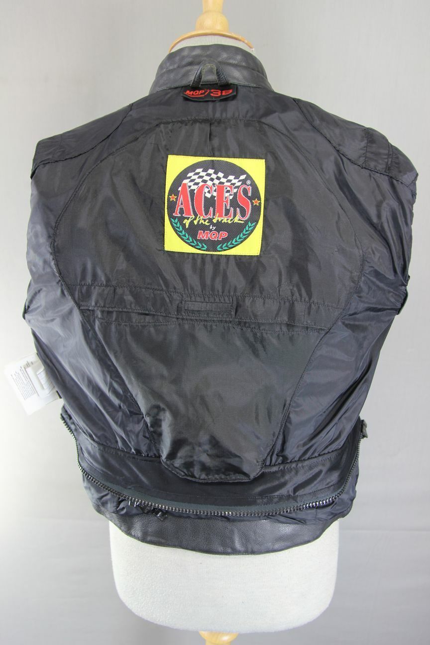 SUPERB MQP 'ACES OF THE TRACK' BLACK LEATHER BIKER JACKET 36 INCH/SIZE 12