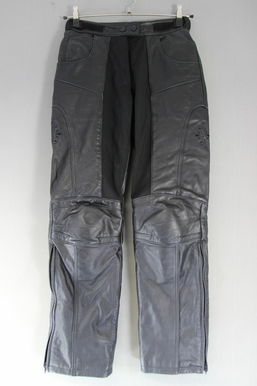 RACER BLACK LEATHER BIKER JEANS/TROUSERS + CE ARMOUR: WAIST 30IN/INSIDE LEG 31IN