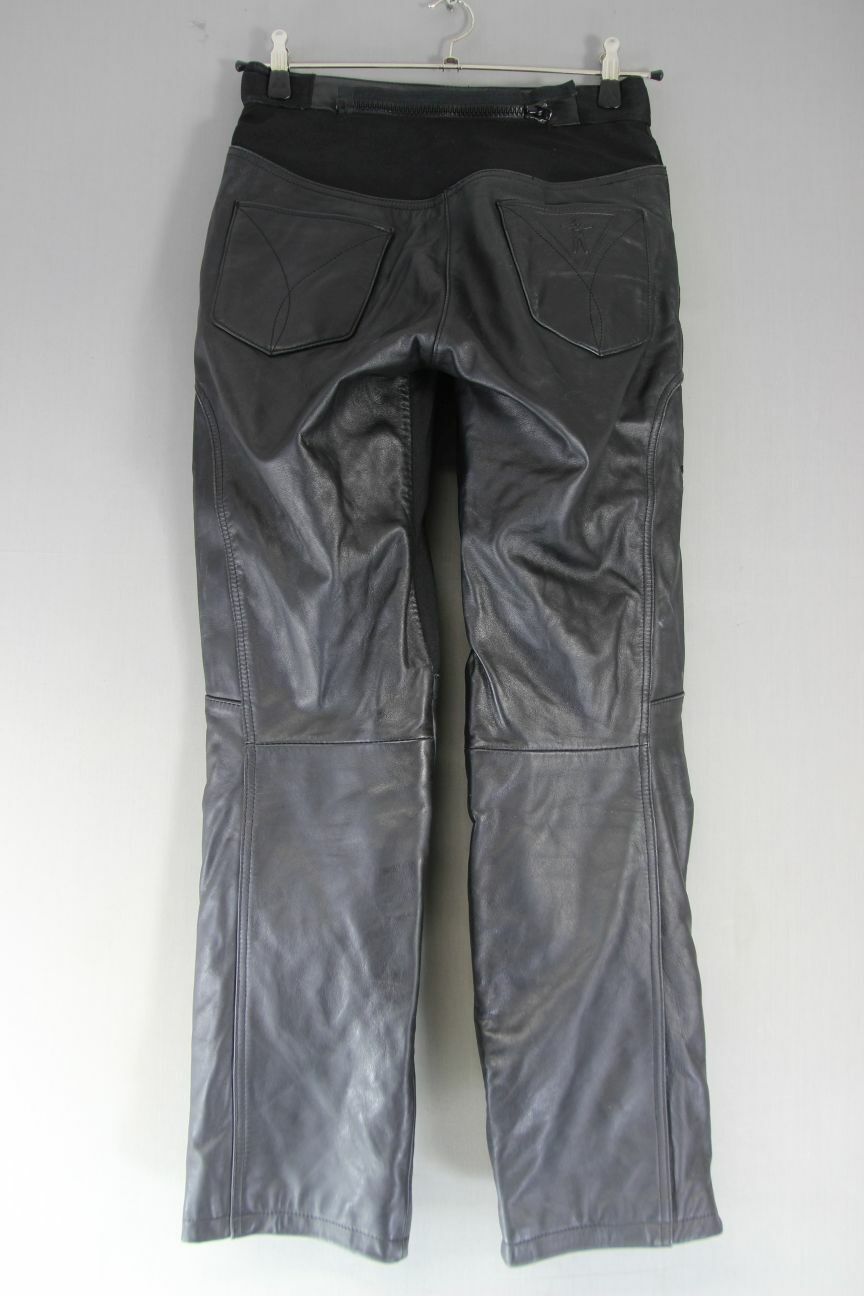 RACER BLACK LEATHER BIKER JEANS/TROUSERS + CE ARMOUR: WAIST 30IN/INSIDE LEG 31IN