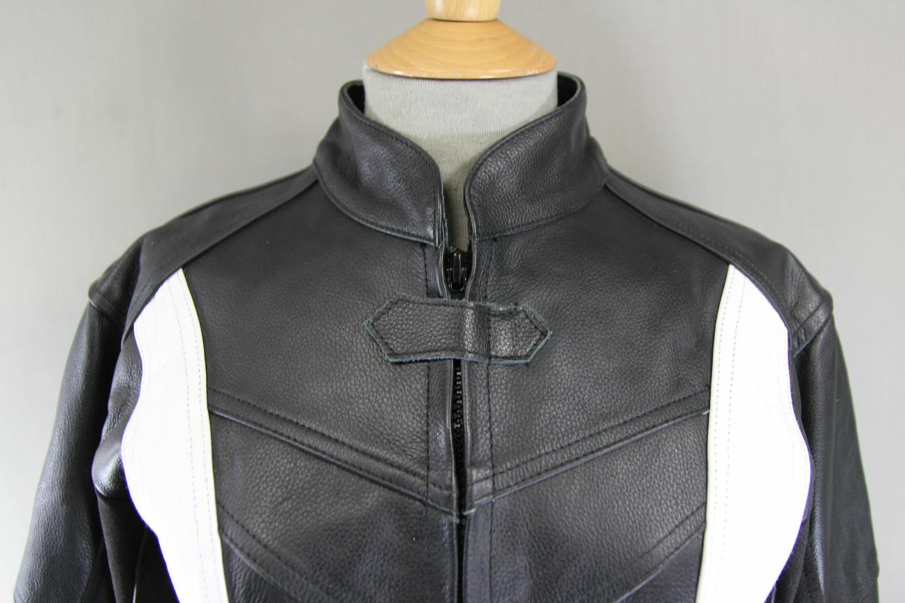 BLACK & WHITE LEATHER BIKER JACKET WITH REMOVABLE CE ARMOUR & RACE HUMP 38 INCH