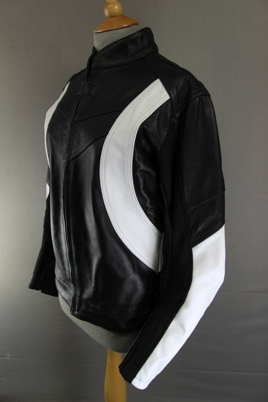 BLACK & WHITE LEATHER BIKER JACKET WITH REMOVABLE CE ARMOUR & RACE HUMP 38 INCH