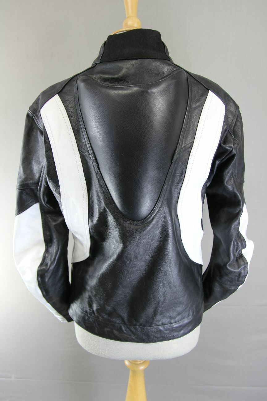 BLACK & WHITE LEATHER BIKER JACKET WITH REMOVABLE CE ARMOUR & RACE HUMP 38 INCH