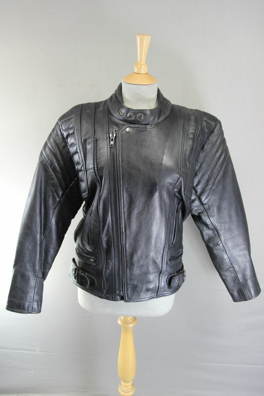 CLASSIC EURO STYLE BLACK LEATHER BIKER JACKET WITH REMOVABLE BACK PROTECTOR 38IN