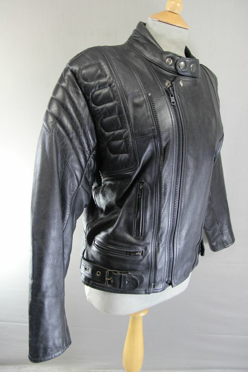 CLASSIC EURO STYLE BLACK LEATHER BIKER JACKET WITH REMOVABLE BACK PROTECTOR 38IN