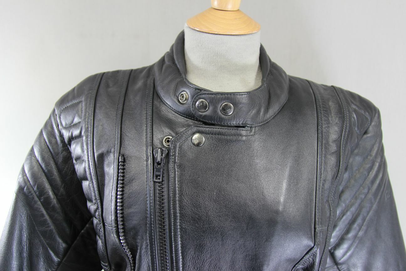 CLASSIC EURO STYLE BLACK LEATHER BIKER JACKET WITH REMOVABLE BACK PROTECTOR 38IN