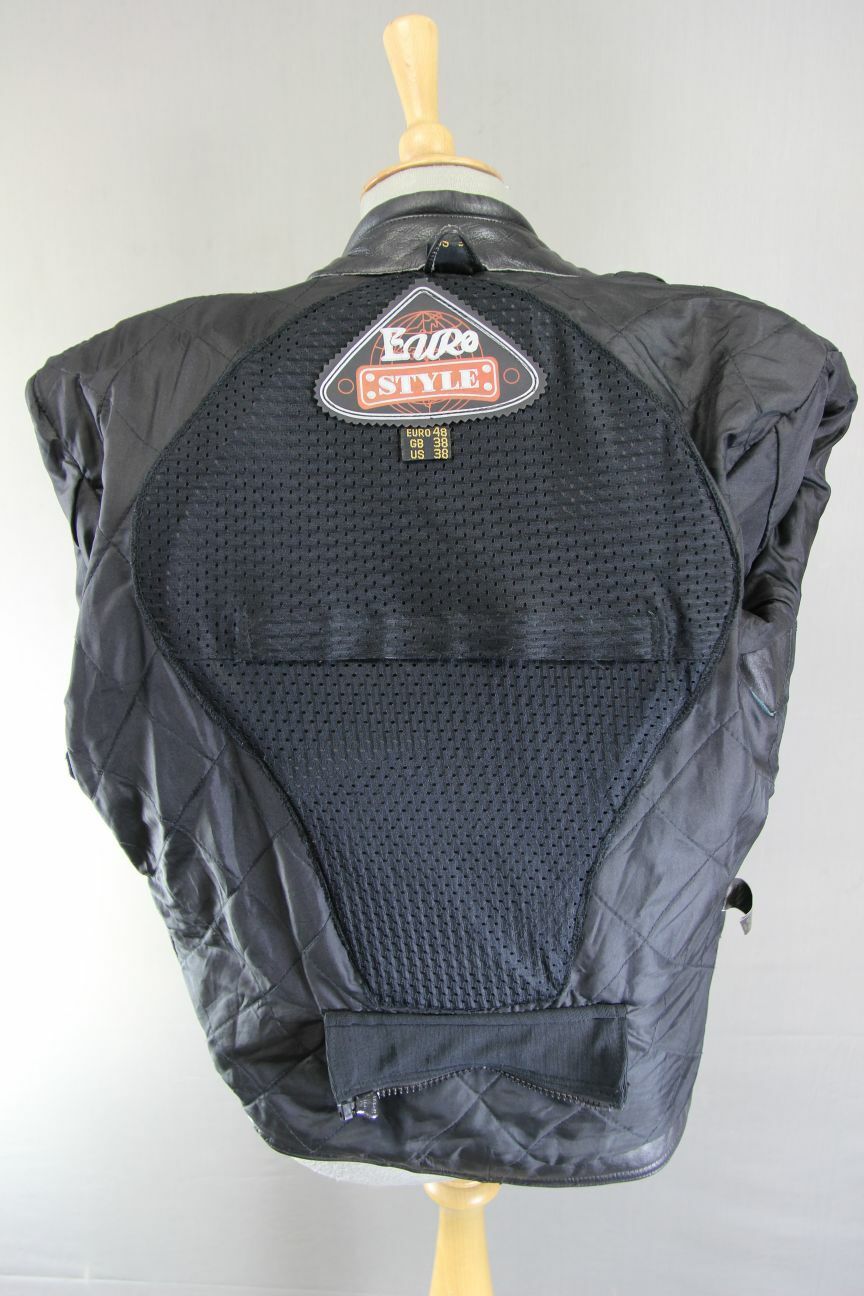 CLASSIC EURO STYLE BLACK LEATHER BIKER JACKET WITH REMOVABLE BACK PROTECTOR 38IN