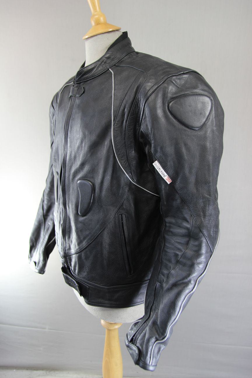 TEXPEED BLACK LEATHER BIKER JACKET WITH CE ARMOUR & THERMAL LINING 44-46 INCH/XL