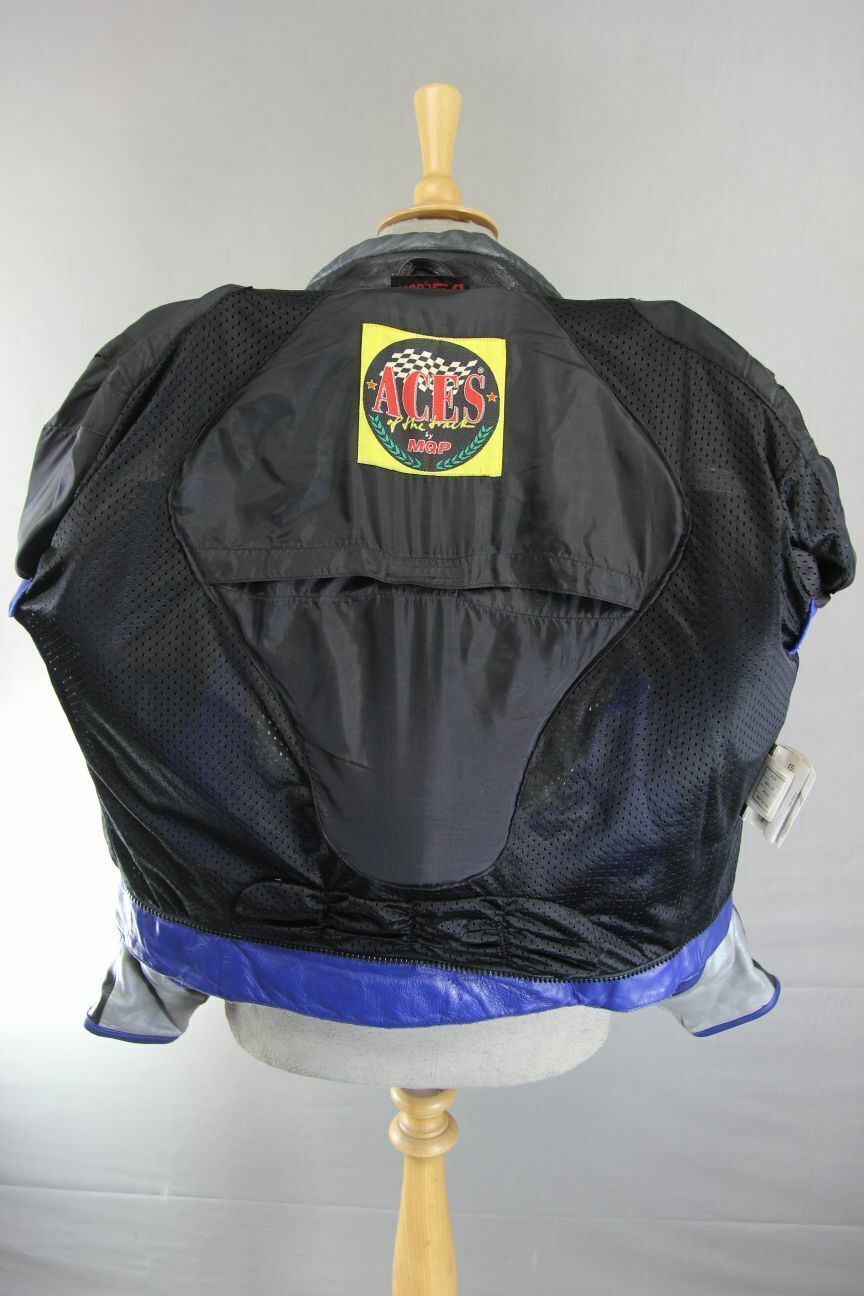 MQP 'ACES OF THE TRACK' BLUE, BLACK & SILVER LEATHER BIKER JACKET+CE ARMOUR 44IN