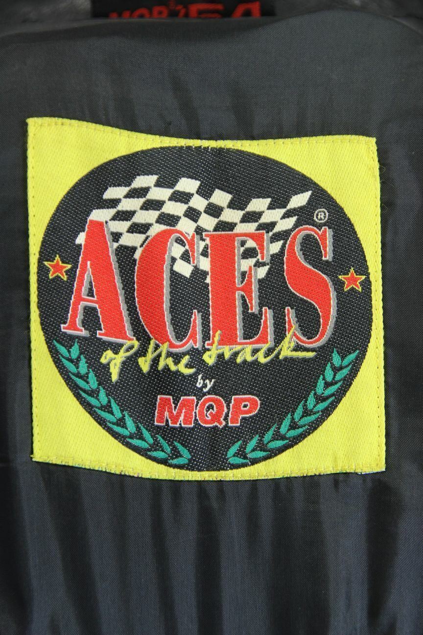MQP 'ACES OF THE TRACK' BLUE, BLACK & SILVER LEATHER BIKER JACKET+CE ARMOUR 44IN