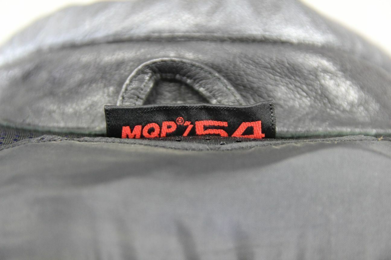 MQP 'ACES OF THE TRACK' BLUE, BLACK & SILVER LEATHER BIKER JACKET+CE ARMOUR 44IN