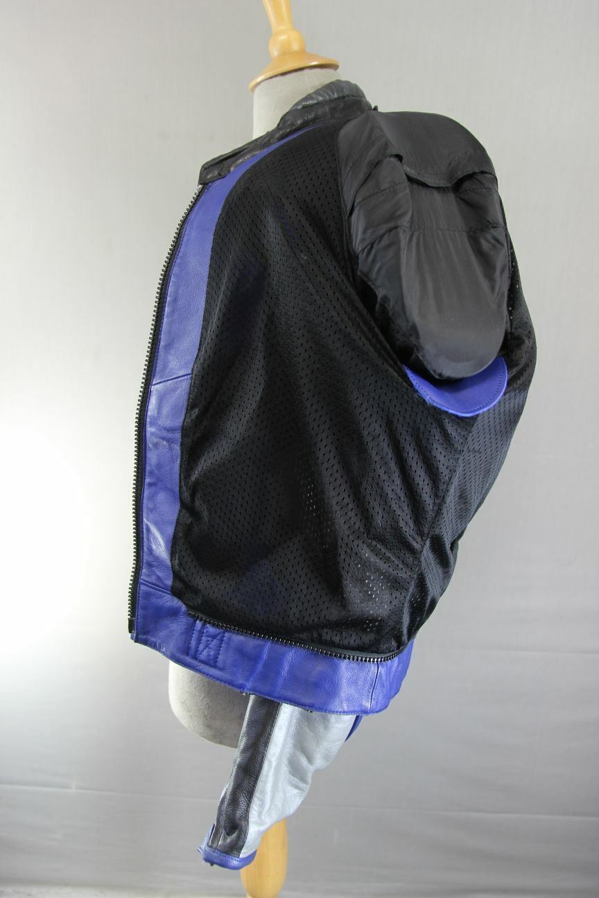 MQP 'ACES OF THE TRACK' BLUE, BLACK & SILVER LEATHER BIKER JACKET+CE ARMOUR 44IN
