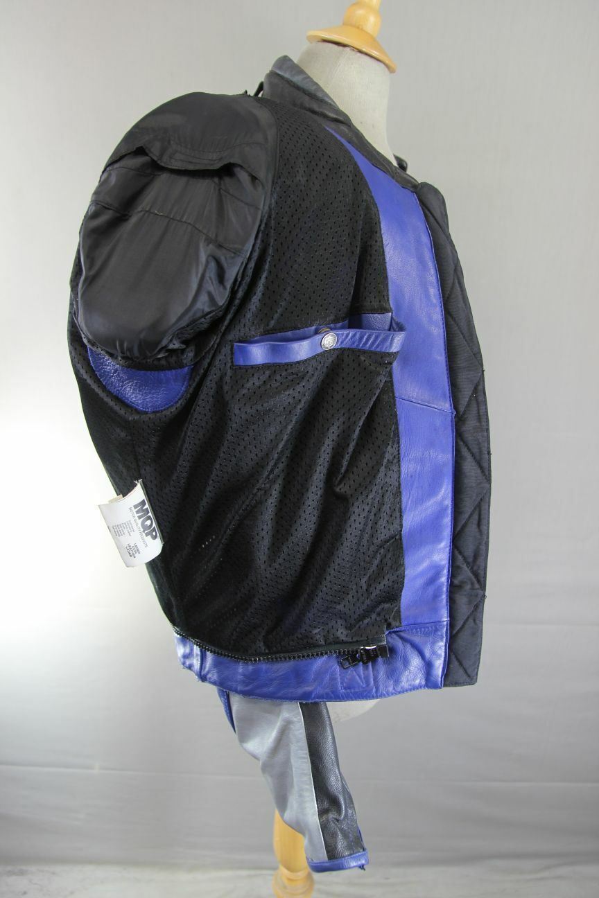 MQP 'ACES OF THE TRACK' BLUE, BLACK & SILVER LEATHER BIKER JACKET+CE ARMOUR 44IN