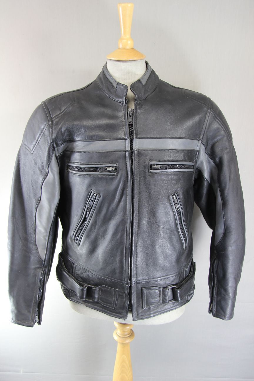 SPORTEX STRIKE BLACK & GREY LEATHER BIKER JACKET WITH REMOVABLE PROTECTORS 40 IN