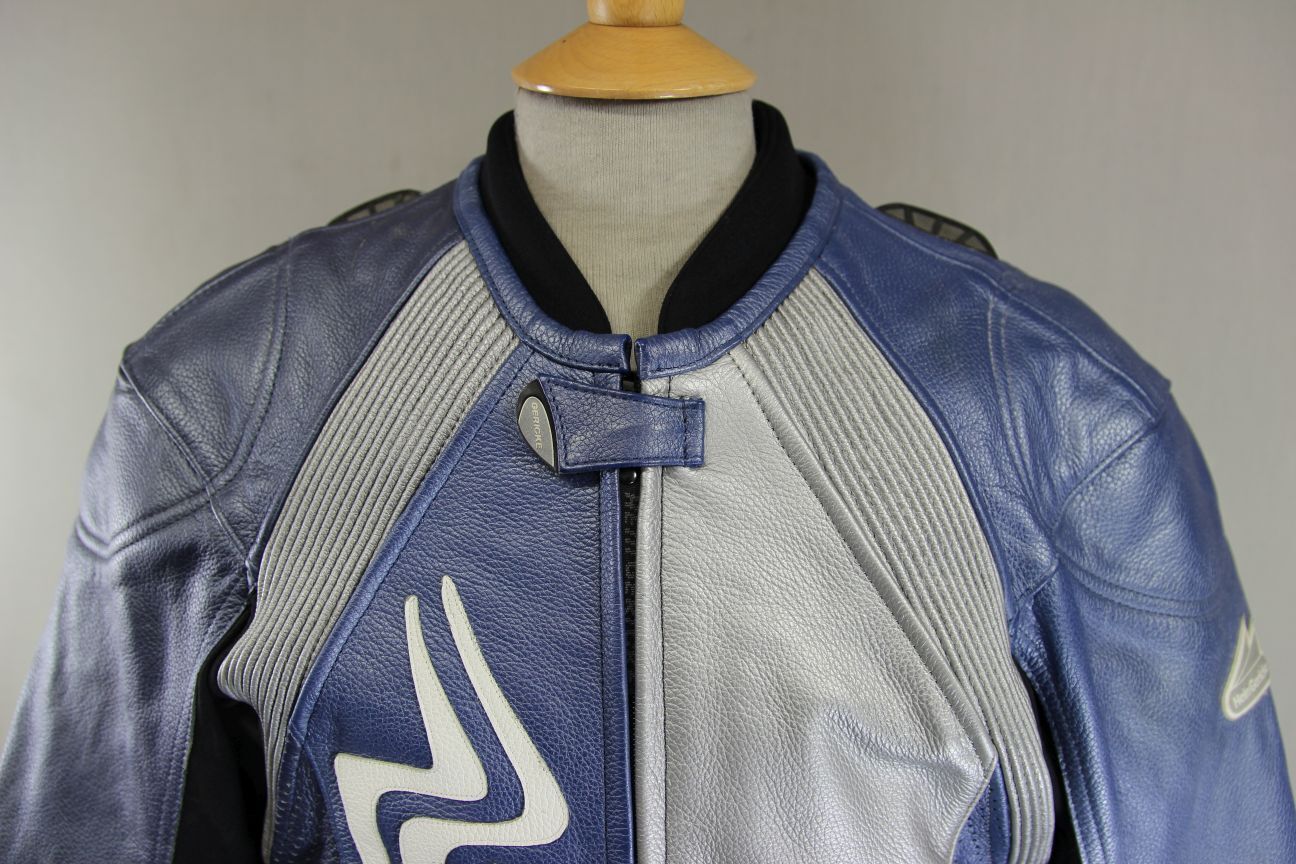 HEIN GERICKE PRO SPORTS BLUE, SILVER & BLACK LEATHER BIKER JACKET+CE ARMOUR 40IN