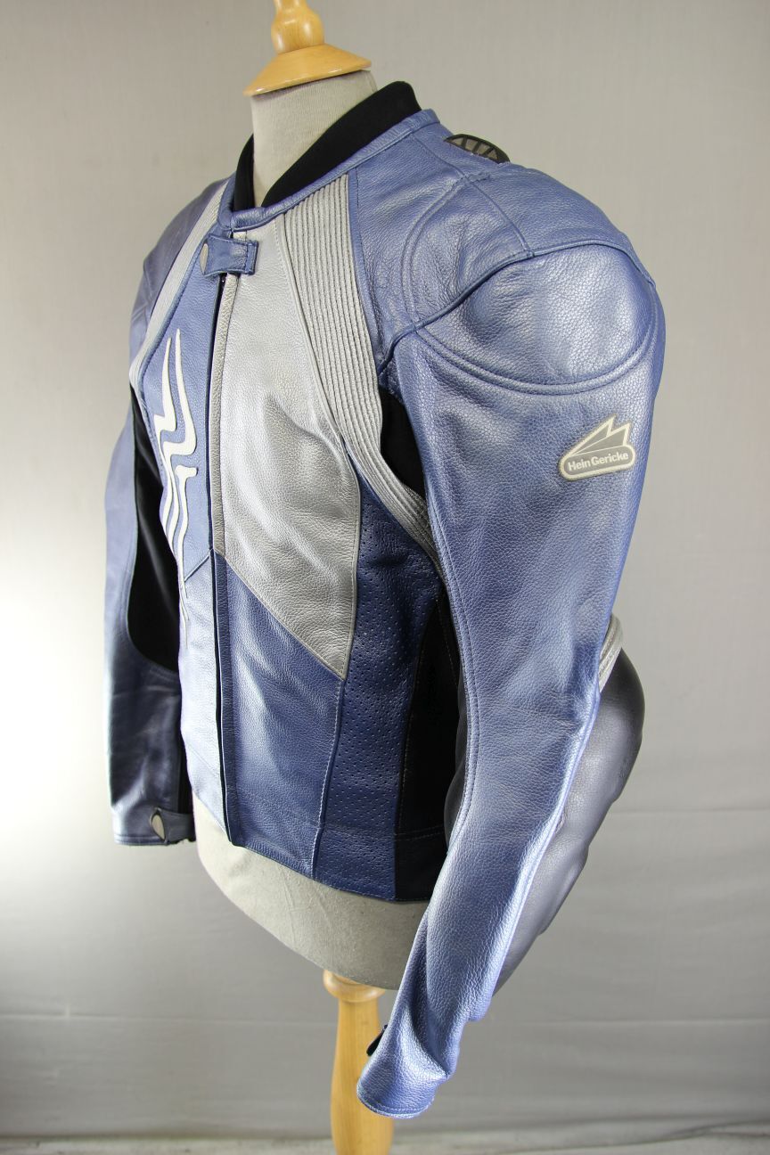 HEIN GERICKE PRO SPORTS BLUE, SILVER & BLACK LEATHER BIKER JACKET+CE ARMOUR 40IN