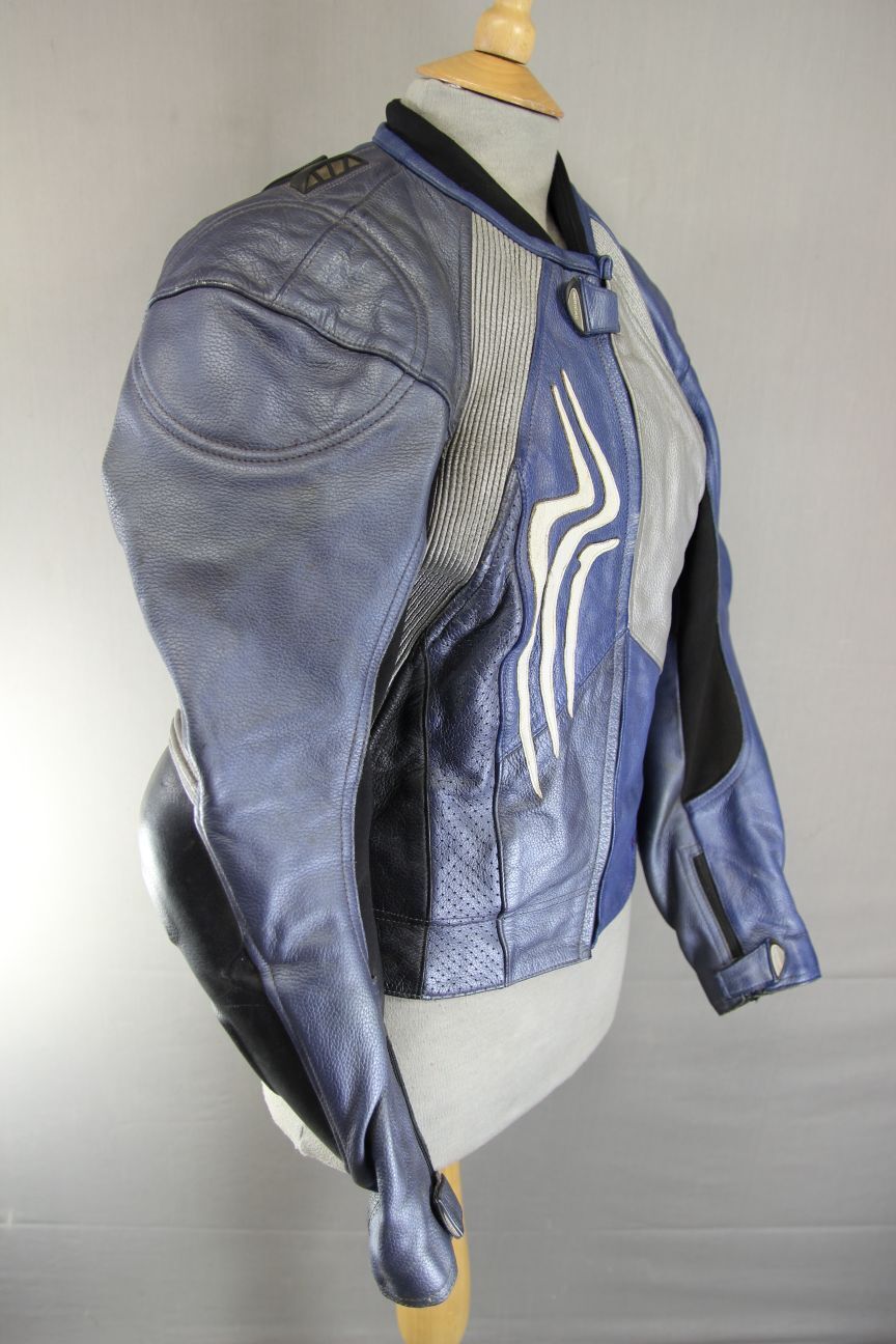 HEIN GERICKE PRO SPORTS BLUE, SILVER & BLACK LEATHER BIKER JACKET+CE ARMOUR 36IN