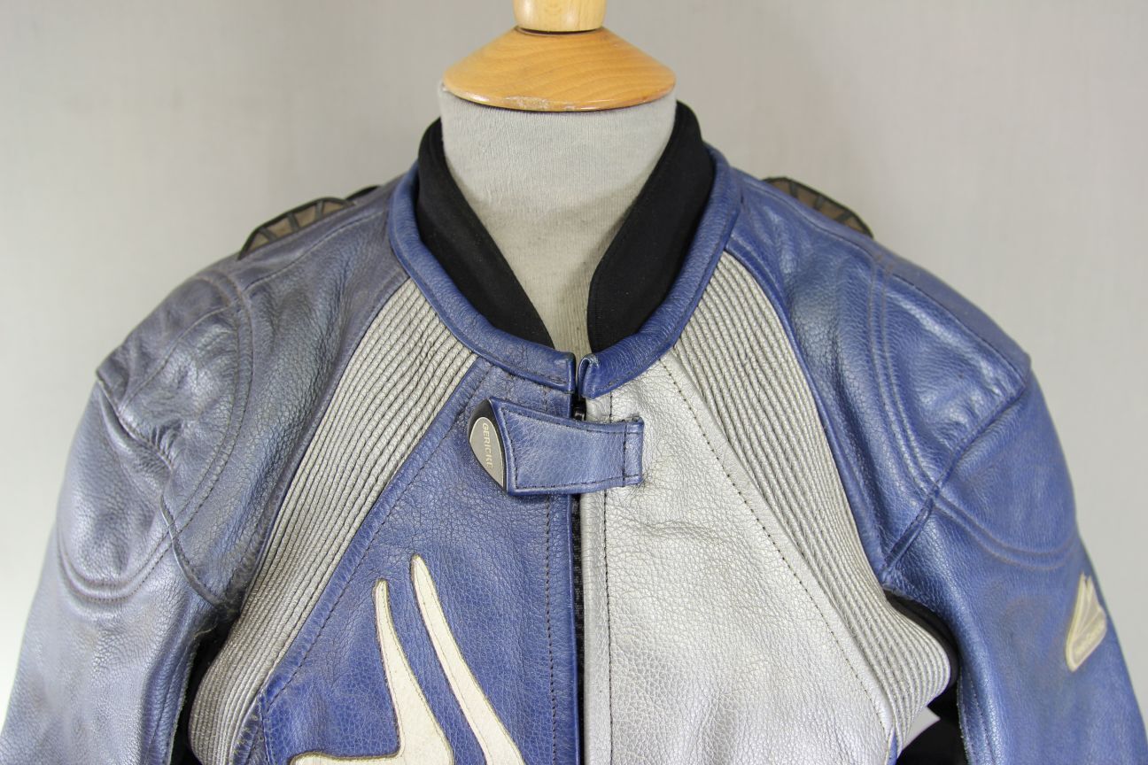 HEIN GERICKE PRO SPORTS BLUE, SILVER & BLACK LEATHER BIKER JACKET+CE ARMOUR 36IN