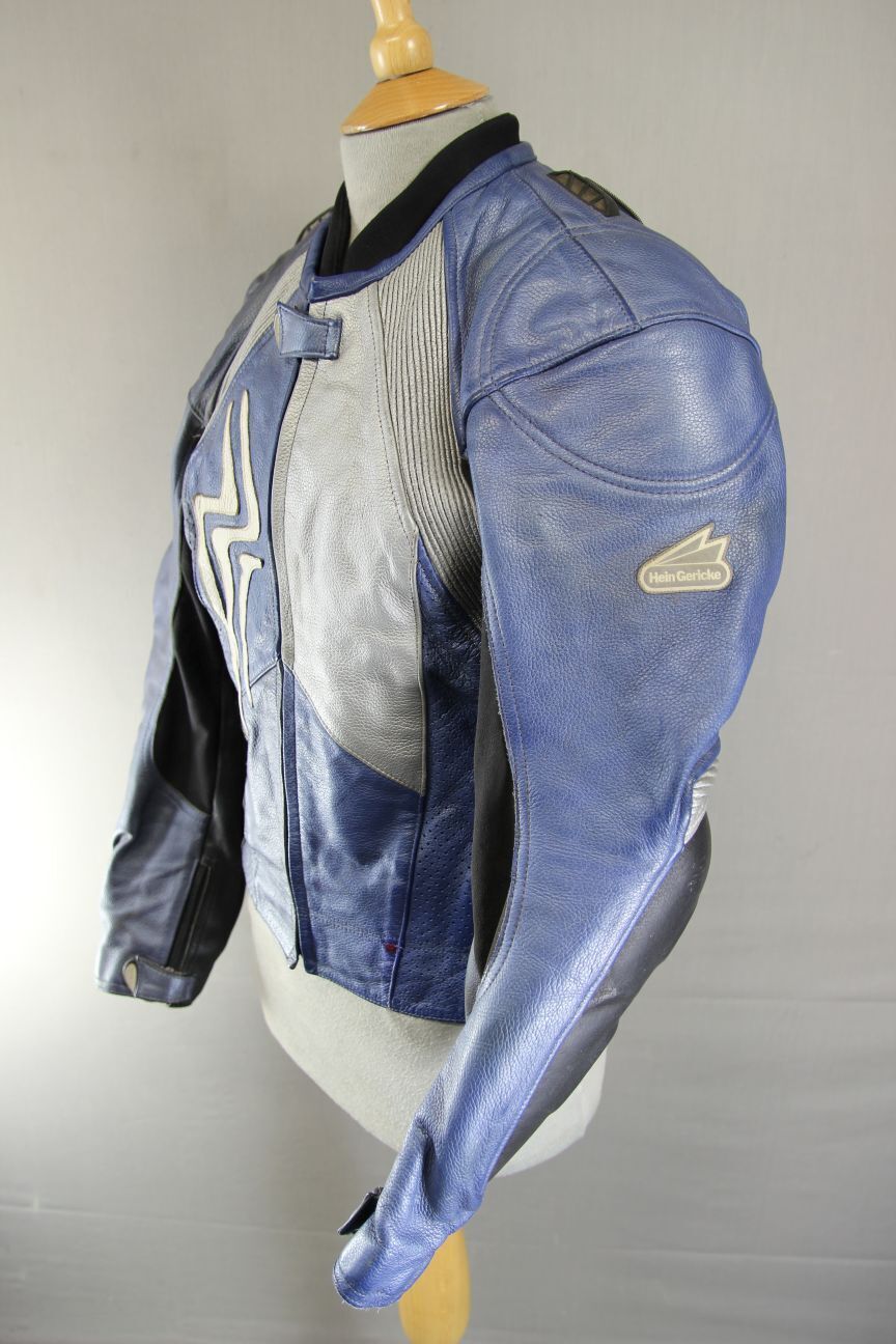 HEIN GERICKE PRO SPORTS BLUE, SILVER & BLACK LEATHER BIKER JACKET+CE ARMOUR 36IN