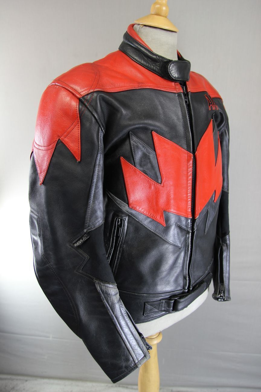 AKITO BLACK, RED & SILVER LEATHER BIKER JACKET 42 INCH CHEST