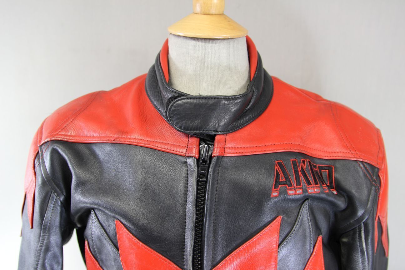 AKITO BLACK, RED & SILVER LEATHER BIKER JACKET 42 INCH CHEST