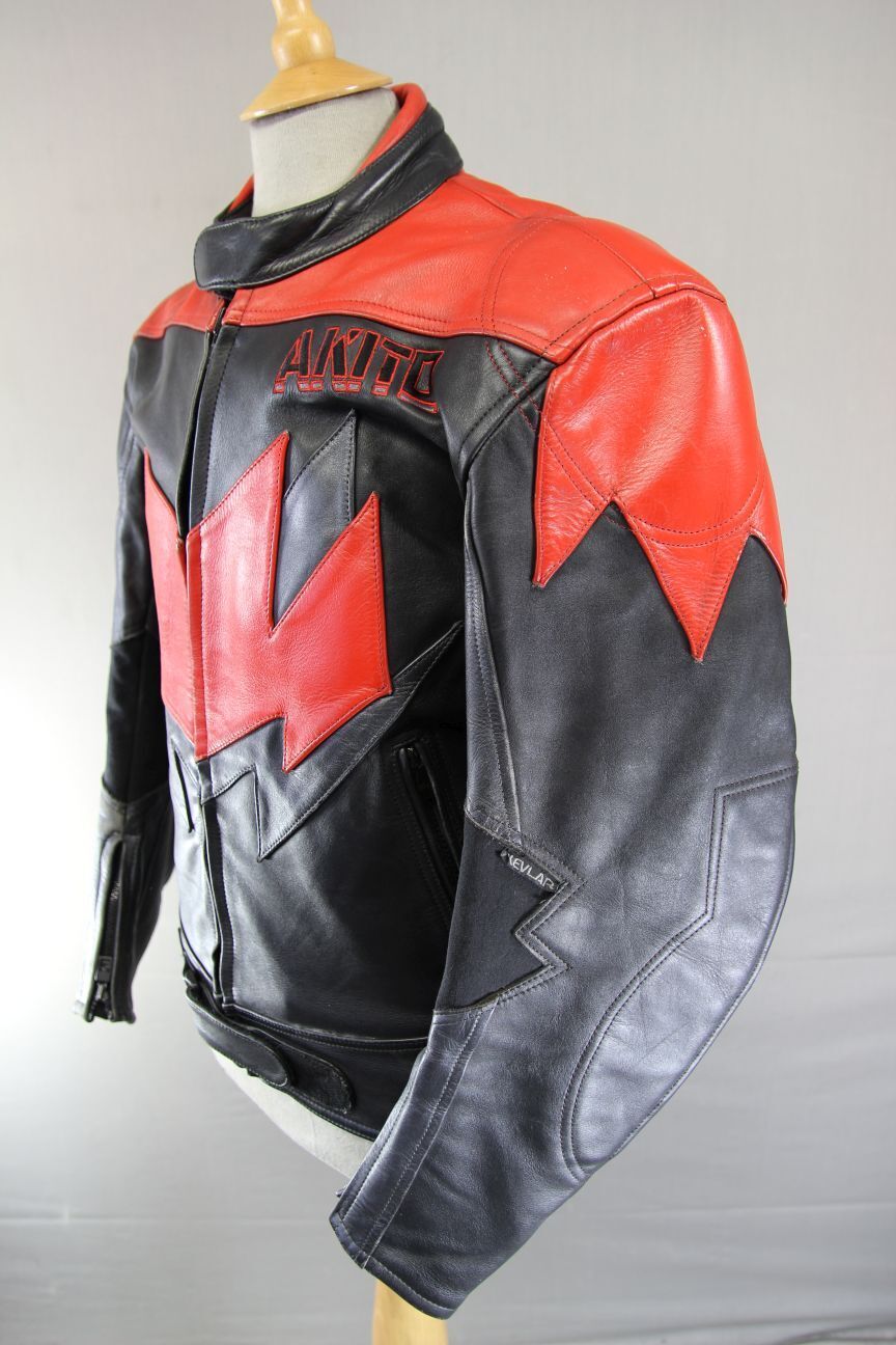 AKITO BLACK, RED & SILVER LEATHER BIKER JACKET 42 INCH CHEST