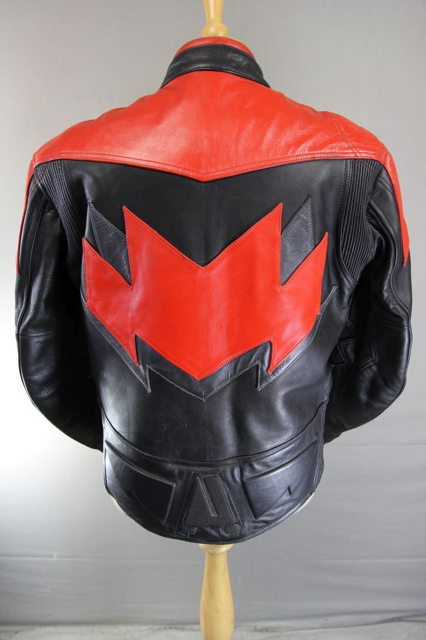 AKITO BLACK, RED & SILVER LEATHER BIKER JACKET 42 INCH CHEST
