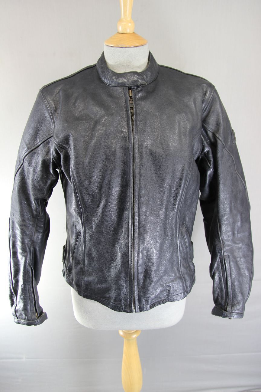 EXERO BLACK LEATHER BIKER JACKET WITH CE ARMOUR & THERMAL LINING: SIZE 16