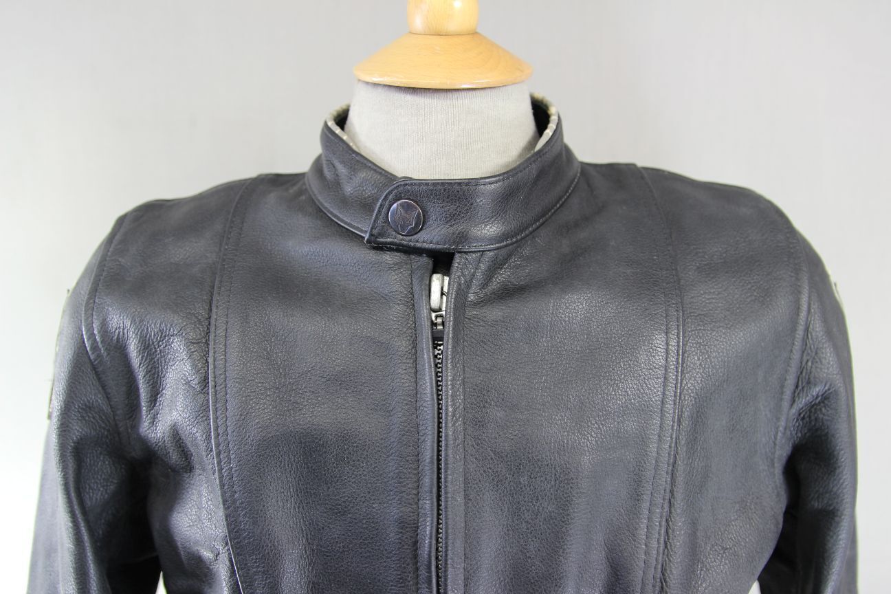WOLF RACING CONSTRUCTION BLACK LEATHER BIKER JACKET WITH CE ARMOUR: SIZE 16