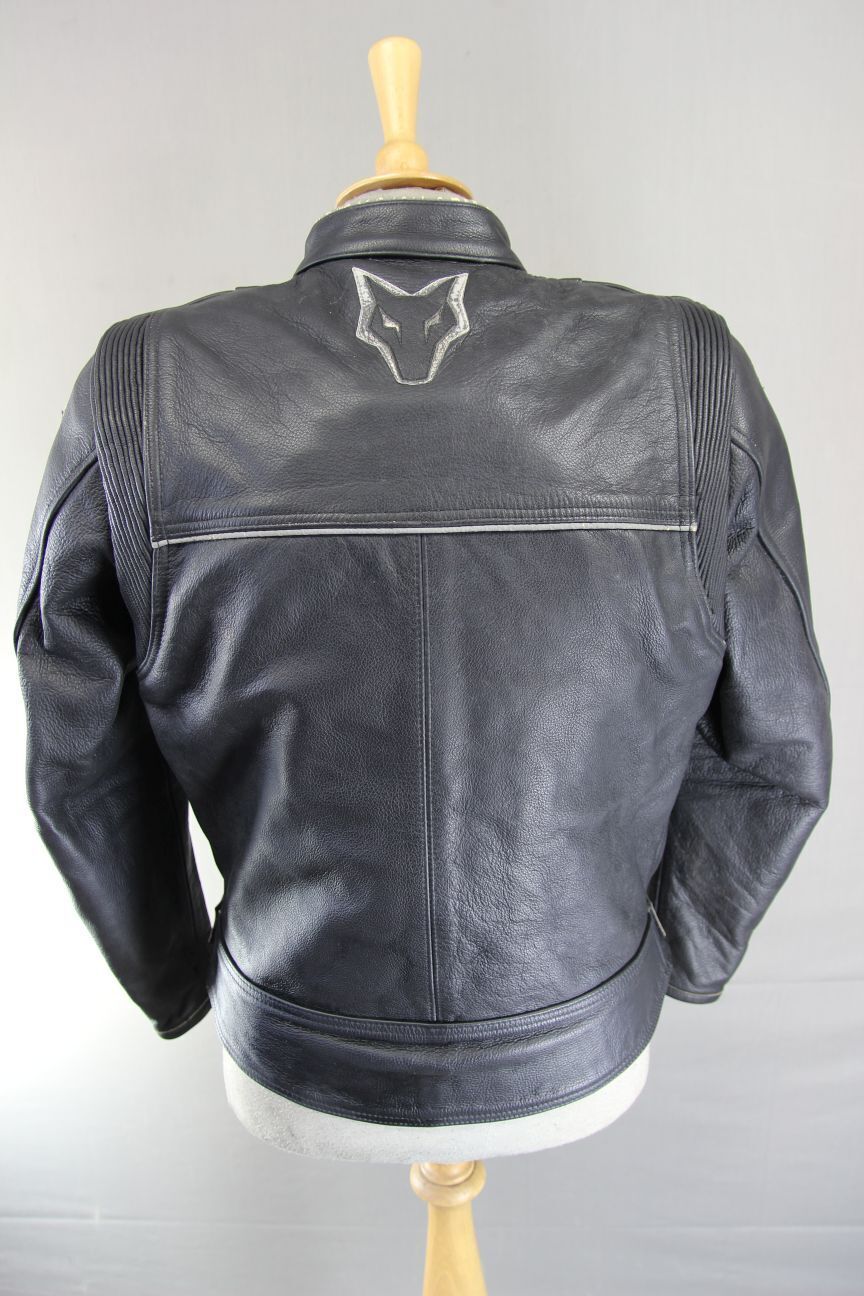 WOLF RACING CONSTRUCTION BLACK LEATHER BIKER JACKET WITH CE ARMOUR: SIZE 16