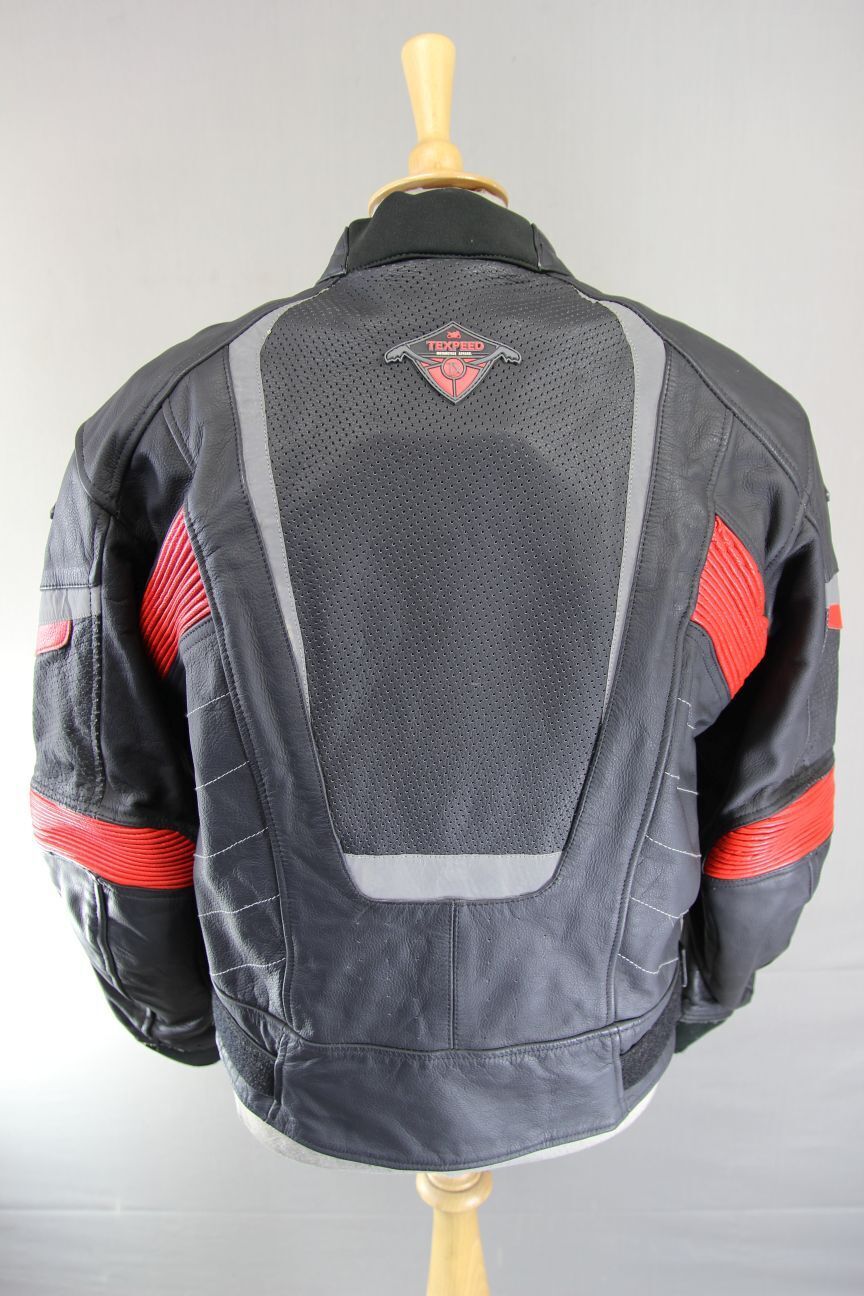 TEXPEED BLACK & RED LEATHER BIKER JACKET WITH CE ARMOUR & THERMAL LINING 40"/MED