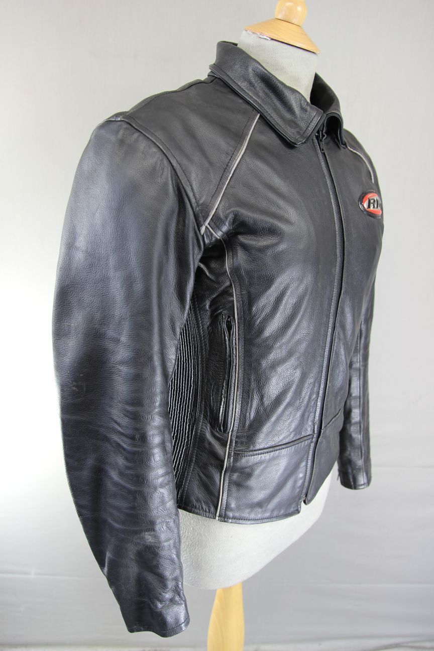 RK BLACK LEATHER BIKER JACKET WITH REMOVABLE CE ARMOUR & THERMAL LINING: SIZE 12