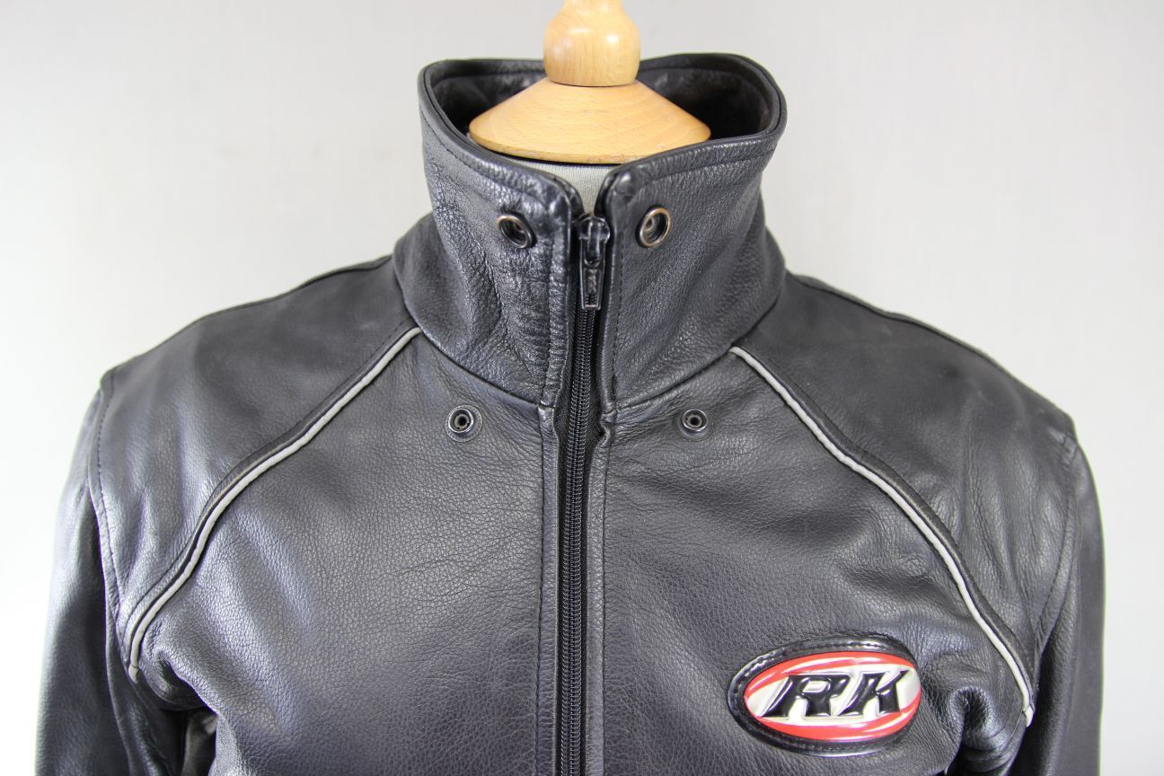 RK BLACK LEATHER BIKER JACKET WITH REMOVABLE CE ARMOUR & THERMAL LINING: SIZE 12