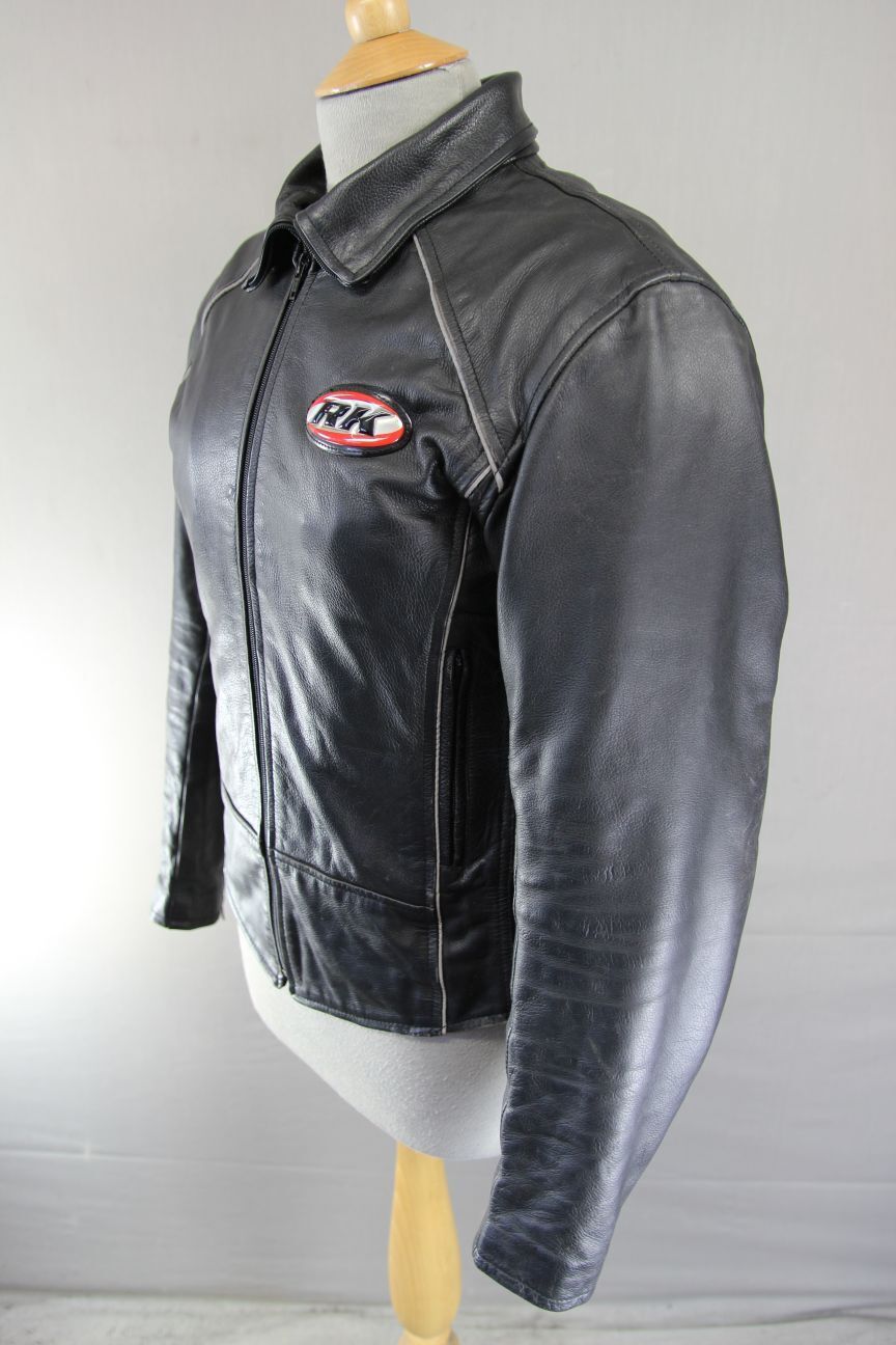 RK BLACK LEATHER BIKER JACKET WITH REMOVABLE CE ARMOUR & THERMAL LINING: SIZE 12