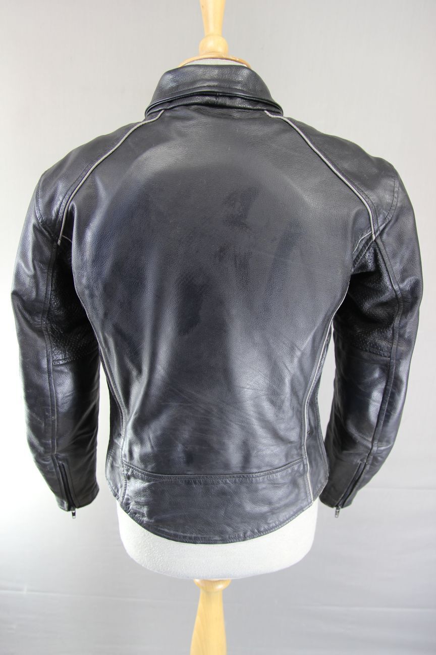 RK BLACK LEATHER BIKER JACKET WITH REMOVABLE CE ARMOUR & THERMAL LINING: SIZE 12
