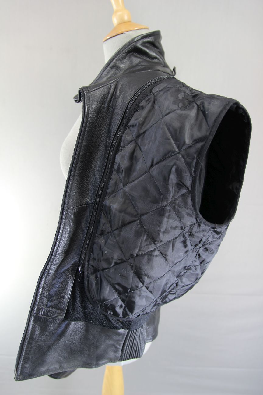 RK BLACK LEATHER BIKER JACKET WITH REMOVABLE CE ARMOUR & THERMAL LINING: SIZE 12