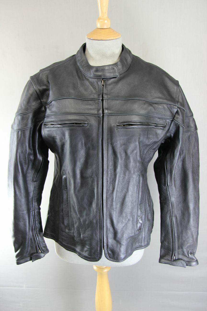 BIKER'S GEAR BLACK LEATHER JACKET WITH CE ARMOUR & THERMAL LINING: SIZE 16