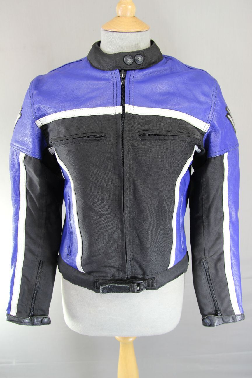 FRANK THOMAS BLACK & BLUE LEATHER & TEXTILE BIKER JACKET WITH CE ARMOUR: SIZE 10
