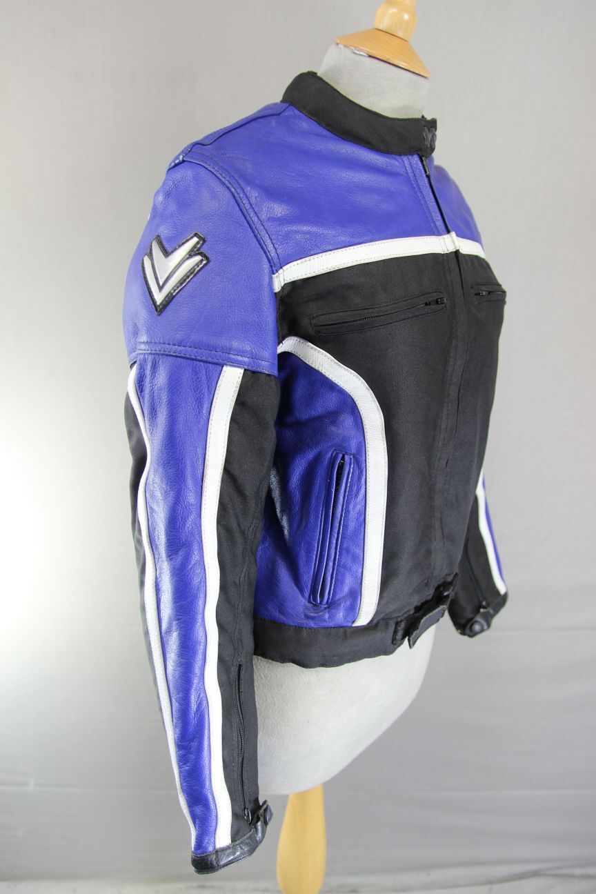 FRANK THOMAS BLACK & BLUE LEATHER & TEXTILE BIKER JACKET WITH CE ARMOUR: SIZE 10