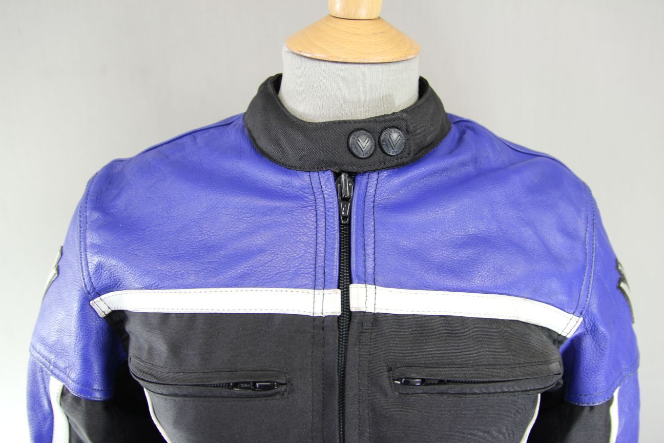 FRANK THOMAS BLACK & BLUE LEATHER & TEXTILE BIKER JACKET WITH CE ARMOUR: SIZE 10