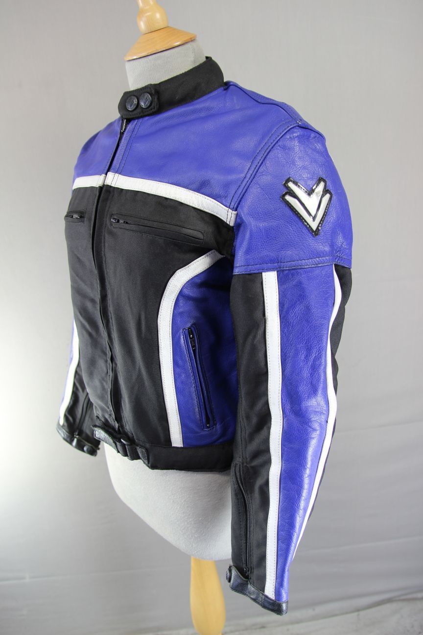 FRANK THOMAS BLACK & BLUE LEATHER & TEXTILE BIKER JACKET WITH CE ARMOUR: SIZE 10