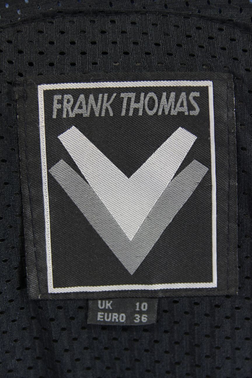 FRANK THOMAS BLACK & BLUE LEATHER & TEXTILE BIKER JACKET WITH CE ARMOUR: SIZE 10