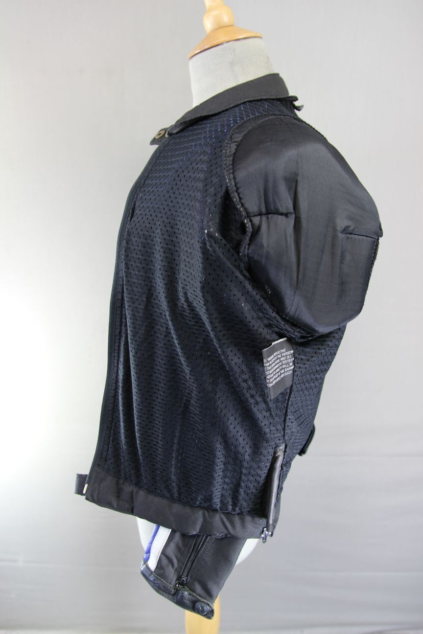 FRANK THOMAS BLACK & BLUE LEATHER & TEXTILE BIKER JACKET WITH CE ARMOUR: SIZE 10