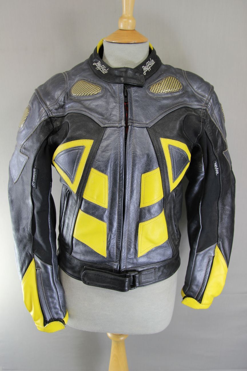 BUFFALO SILVER/BLACK/YELLOW LEATHER BIKER JKT + CE ARMOUR/THERMAL LINING SIZE 12